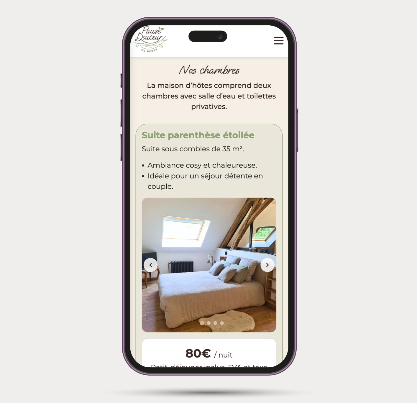 Vue responsive mobile de la section Chambres du site de Pause Douceur en Berry